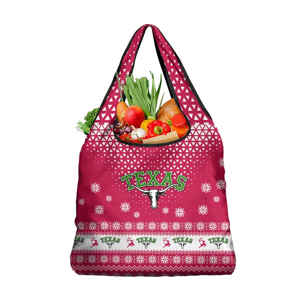 Texas Christmas Grocery Bag with Red and White Snowflake Pattern Longhorn Skull and Christmas Cactus Motif - Wonder Print Shop