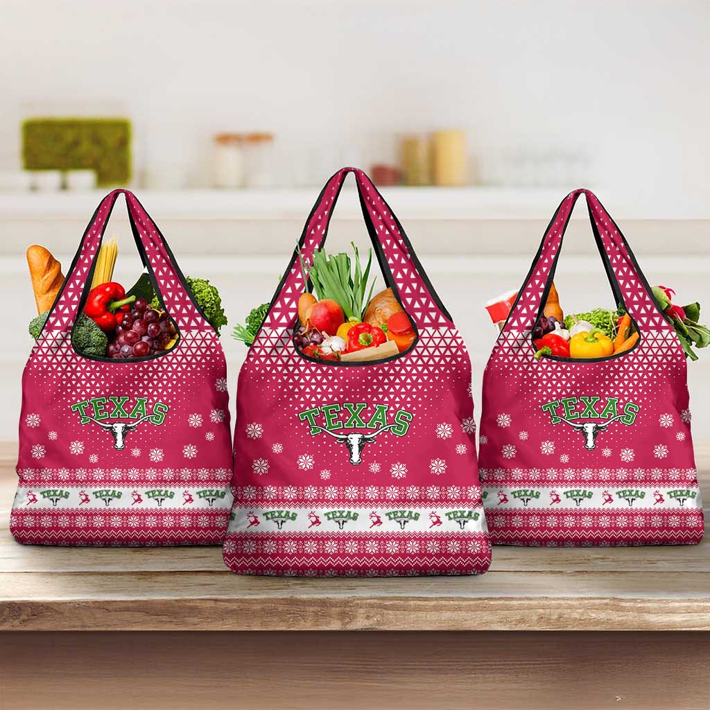 Texas Christmas Grocery Bag with Red and White Snowflake Pattern Longhorn Skull and Christmas Cactus Motif - Wonder Print Shop