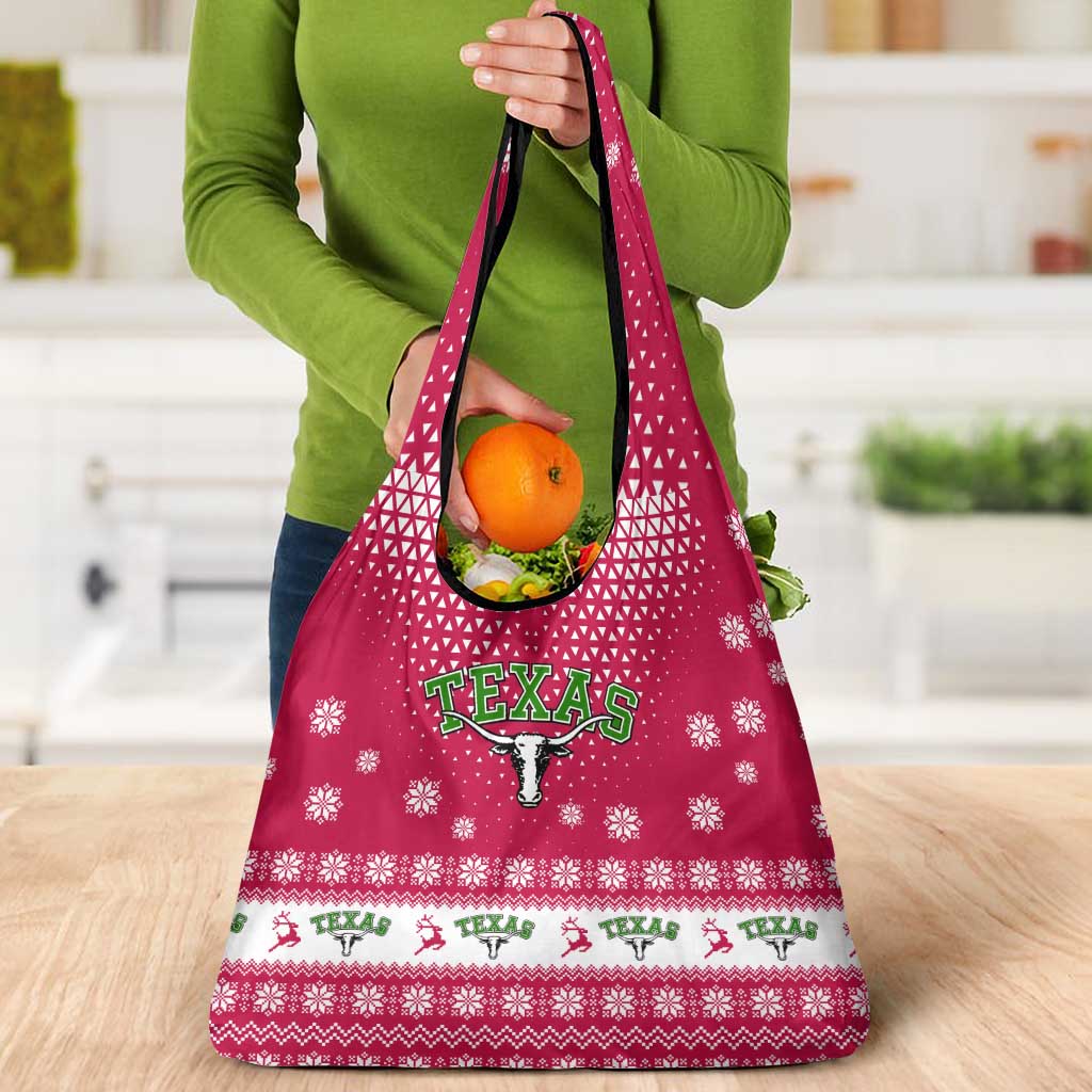Texas Christmas Grocery Bag with Red and White Snowflake Pattern Longhorn Skull and Christmas Cactus Motif - Wonder Print Shop