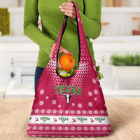 Texas Christmas Grocery Bag with Red and White Snowflake Pattern Longhorn Skull and Christmas Cactus Motif - Wonder Print Shop