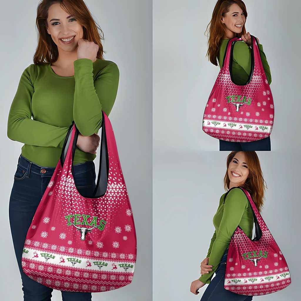Texas Christmas Grocery Bag with Red and White Snowflake Pattern Longhorn Skull and Christmas Cactus Motif - Wonder Print Shop