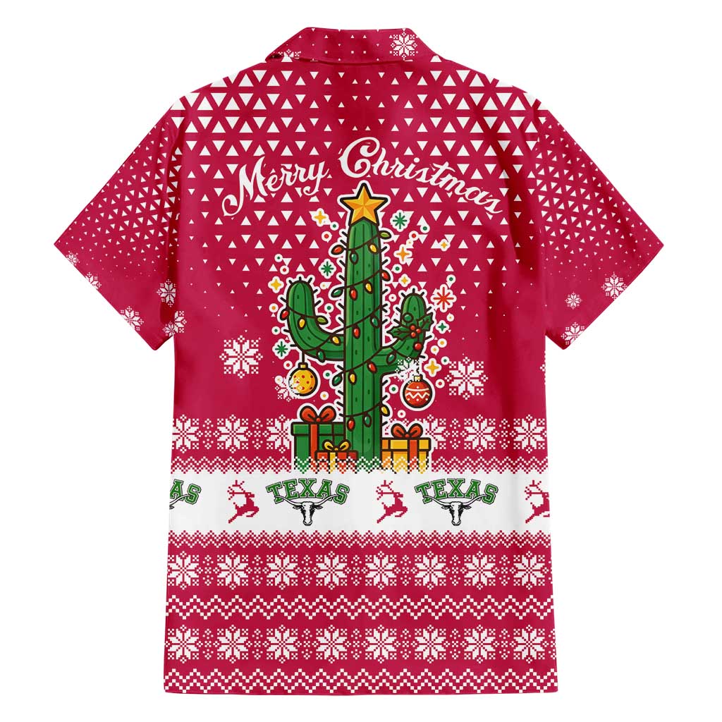 Texas Christmas Hawaiian Shirt with Red and White Snowflake Pattern Longhorn Skull and Christmas Cactus Motif - Wonder Print Shop