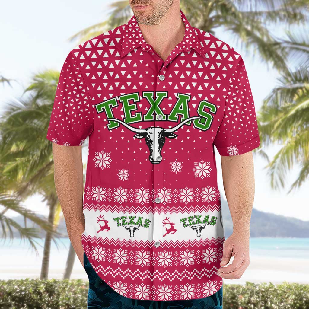 Texas Christmas Hawaiian Shirt with Red and White Snowflake Pattern Longhorn Skull and Christmas Cactus Motif - Wonder Print Shop