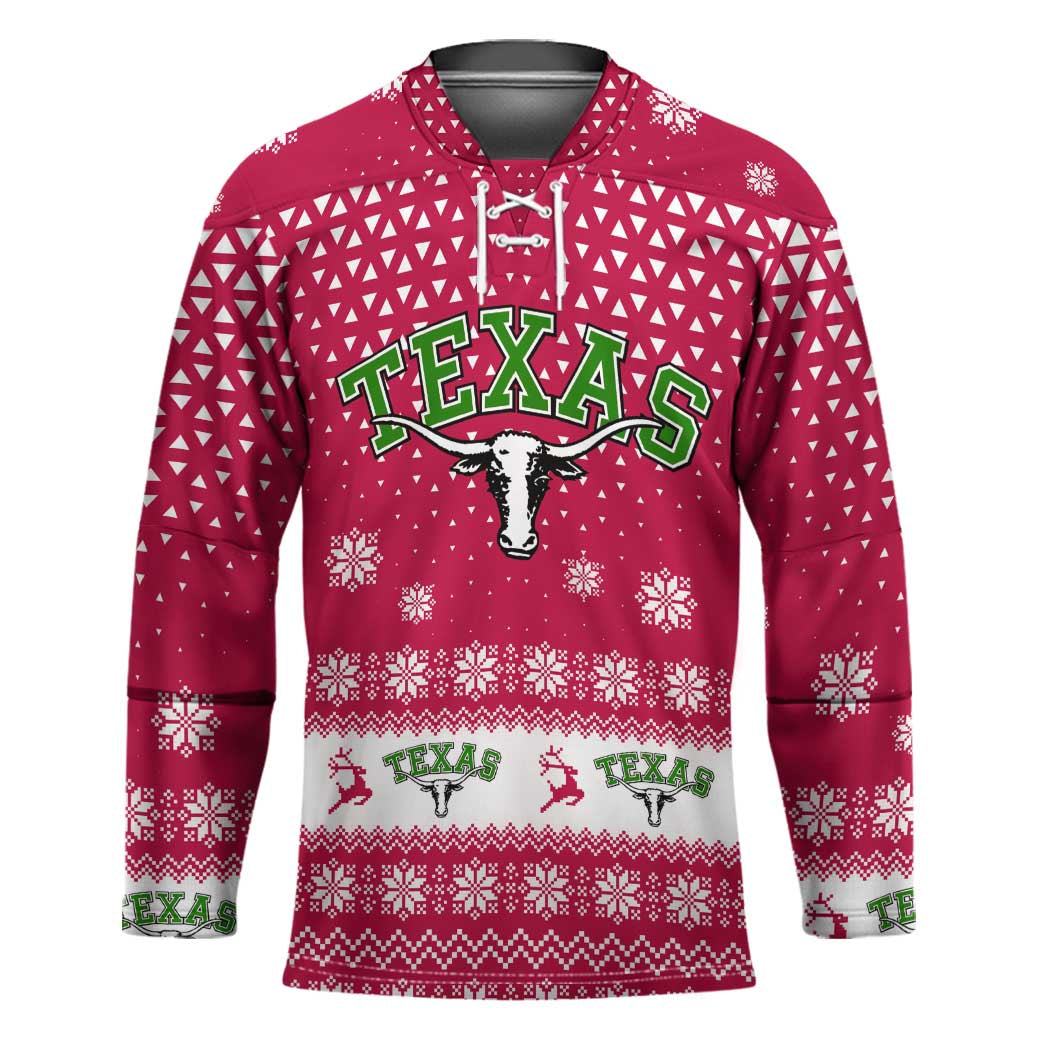 Texas Christmas Hockey Jersey with Red and White Snowflake Pattern Longhorn Skull and Christmas Cactus Motif - Wonder Print Shop