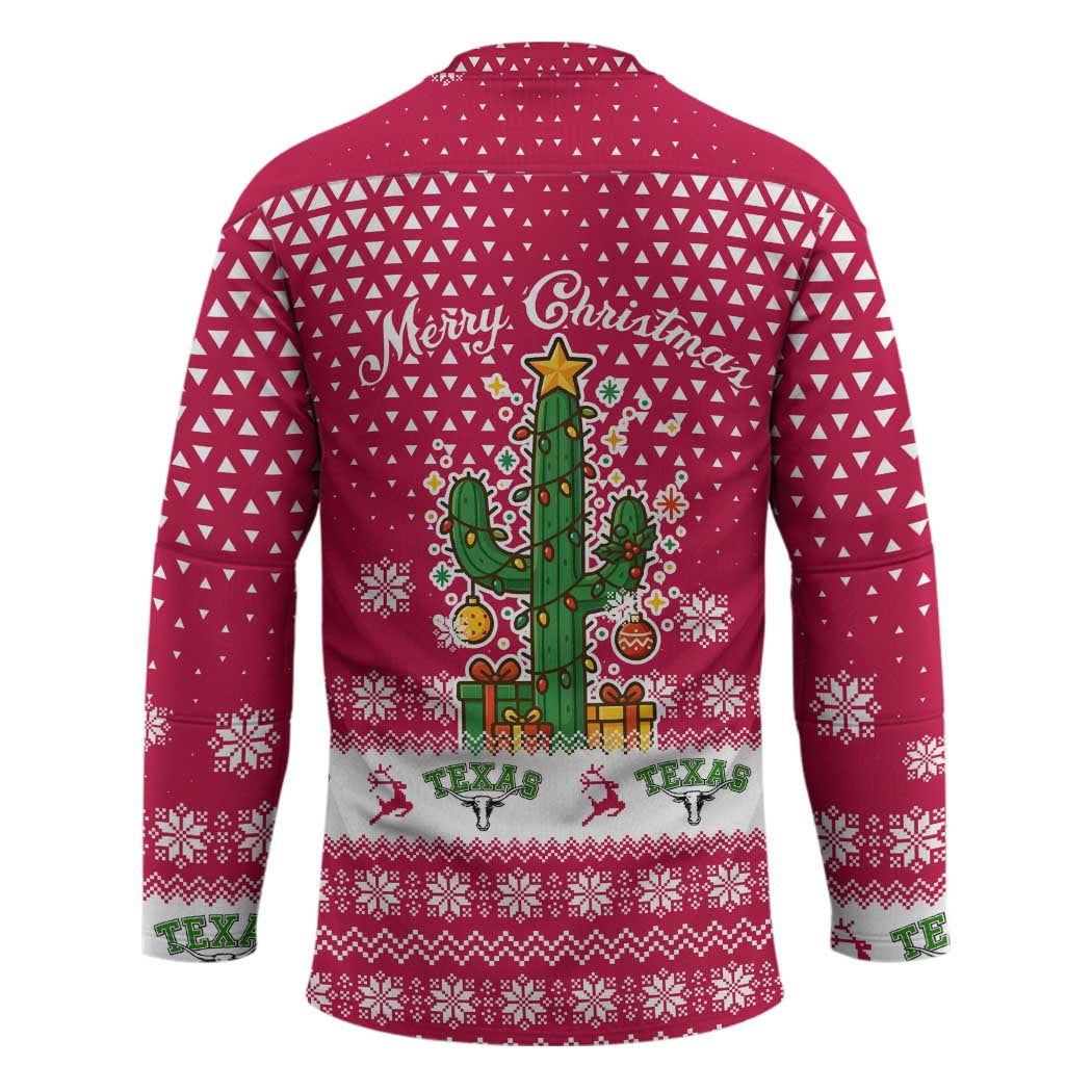Texas Christmas Hockey Jersey with Red and White Snowflake Pattern Longhorn Skull and Christmas Cactus Motif - Wonder Print Shop