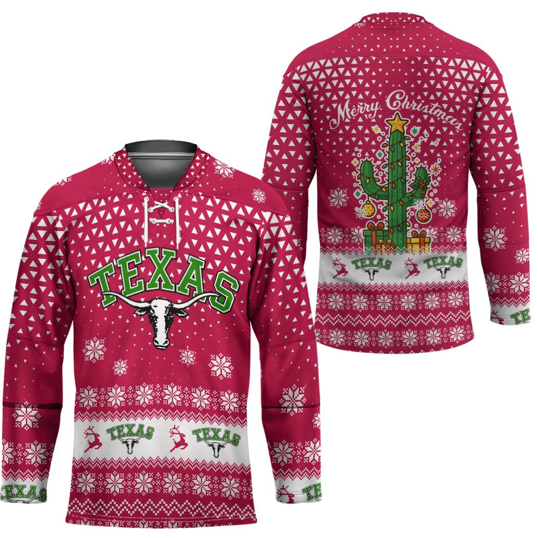 Texas Christmas Hockey Jersey with Red and White Snowflake Pattern Longhorn Skull and Christmas Cactus Motif - Wonder Print Shop