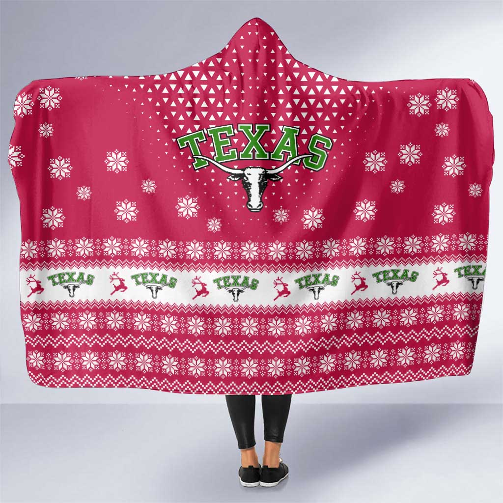 Texas Christmas Hooded Blanket with Red and White Snowflake Pattern Longhorn Skull and Christmas Cactus Motif - Wonder Print Shop