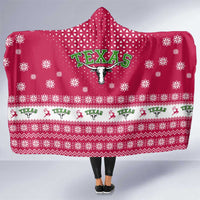 Texas Christmas Hooded Blanket with Red and White Snowflake Pattern Longhorn Skull and Christmas Cactus Motif - Wonder Print Shop