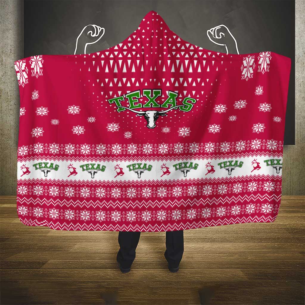 Texas Christmas Hooded Blanket with Red and White Snowflake Pattern Longhorn Skull and Christmas Cactus Motif - Wonder Print Shop