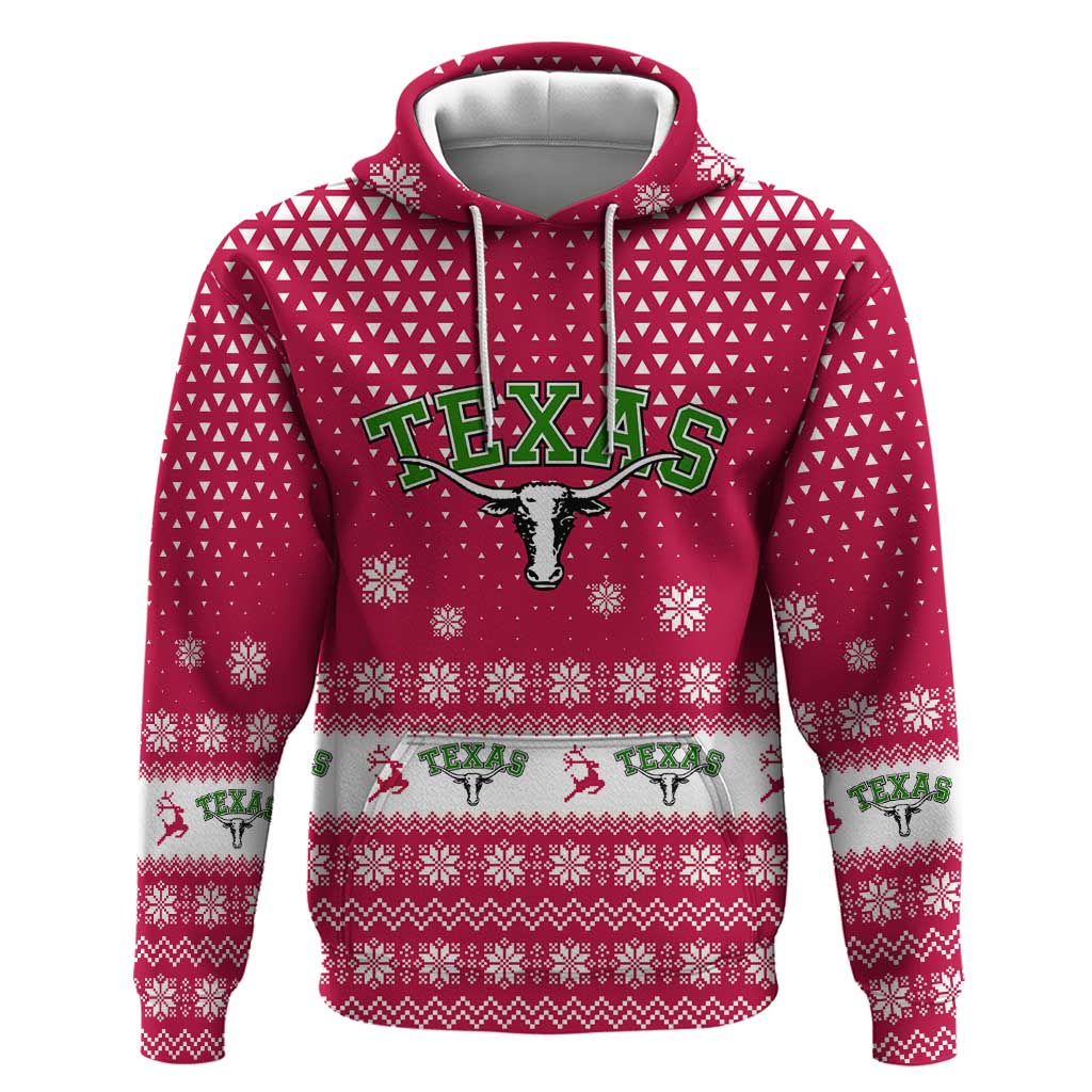 Texas Christmas Hoodie with Red and White Snowflake Pattern Longhorn Skull and Christmas Cactus Motif - Wonder Print Shop