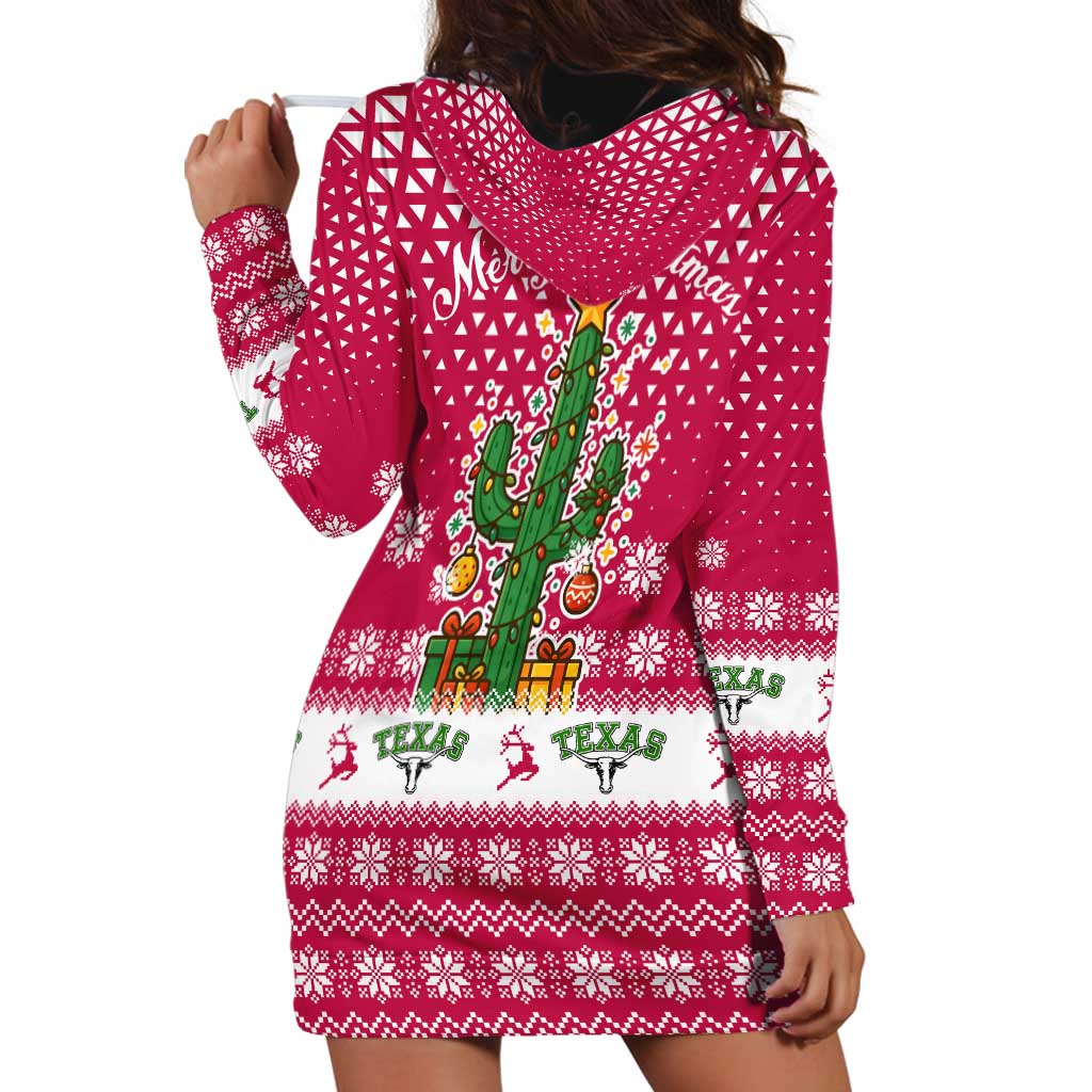 Texas Christmas Hoodie Dress with Red and White Snowflake Pattern Longhorn Skull and Christmas Cactus Motif - Wonder Print Shop