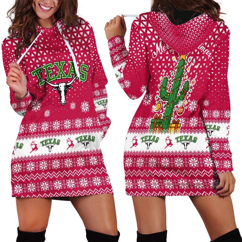 Texas Christmas Hoodie Dress with Red and White Snowflake Pattern Longhorn Skull and Christmas Cactus Motif - Wonder Print Shop