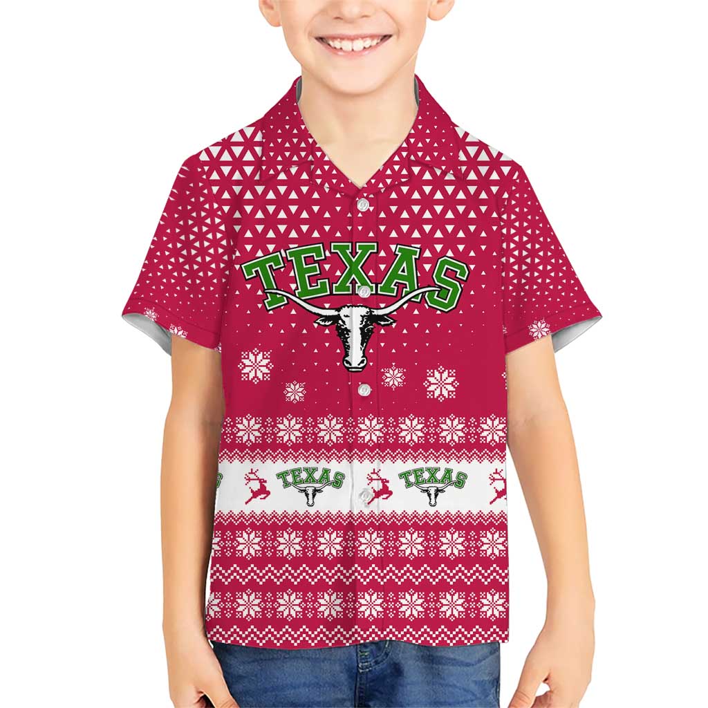 Texas Christmas Kid Hawaiian Shirt with Red and White Snowflake Pattern Longhorn Skull and Christmas Cactus Motif - Wonder Print Shop