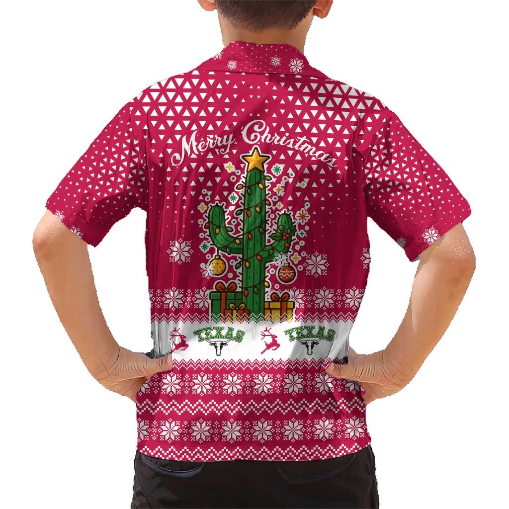 Texas Christmas Kid Hawaiian Shirt with Red and White Snowflake Pattern Longhorn Skull and Christmas Cactus Motif - Wonder Print Shop
