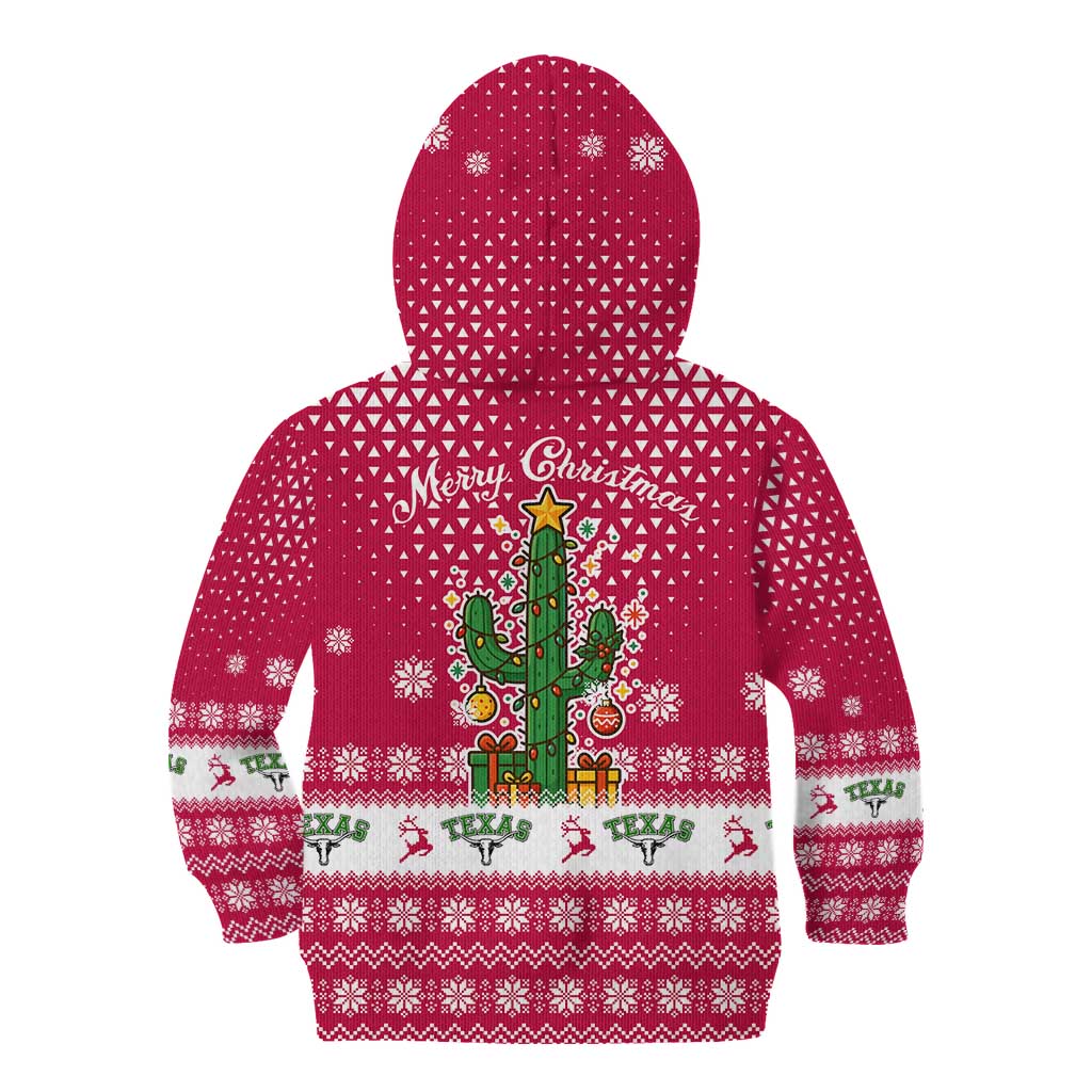 Texas Christmas Kid Hoodie with Red and White Snowflake Pattern Longhorn Skull and Christmas Cactus Motif - Wonder Print Shop