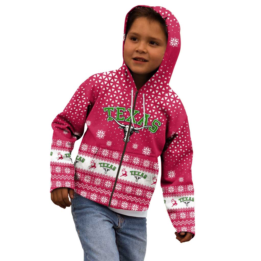 Texas Christmas Kid Hoodie with Red and White Snowflake Pattern Longhorn Skull and Christmas Cactus Motif - Wonder Print Shop