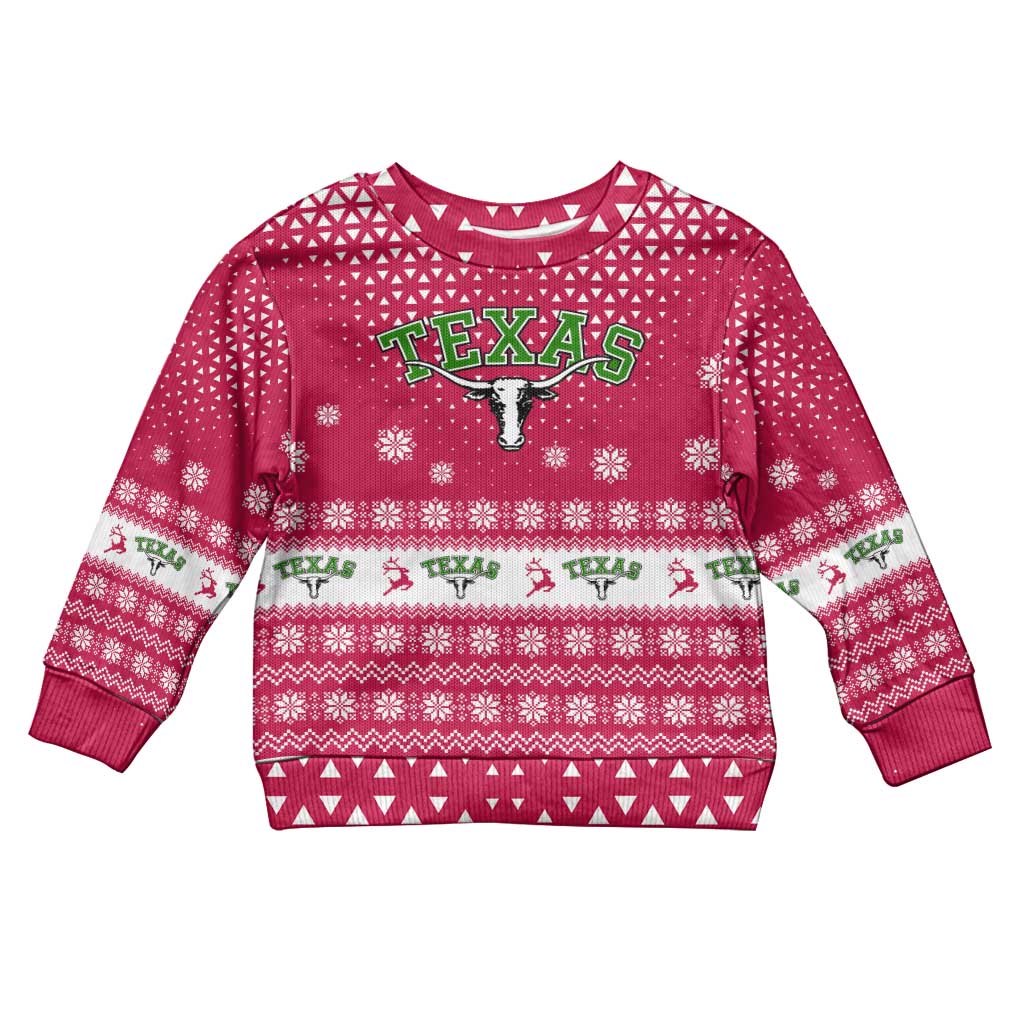 Texas Christmas Kid Ugly Christmas Sweater with Red and White Snowflake Pattern Longhorn Skull and Christmas Cactus Motif - Wonder Print Shop