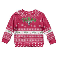 Texas Christmas Kid Ugly Christmas Sweater with Red and White Snowflake Pattern Longhorn Skull and Christmas Cactus Motif - Wonder Print Shop