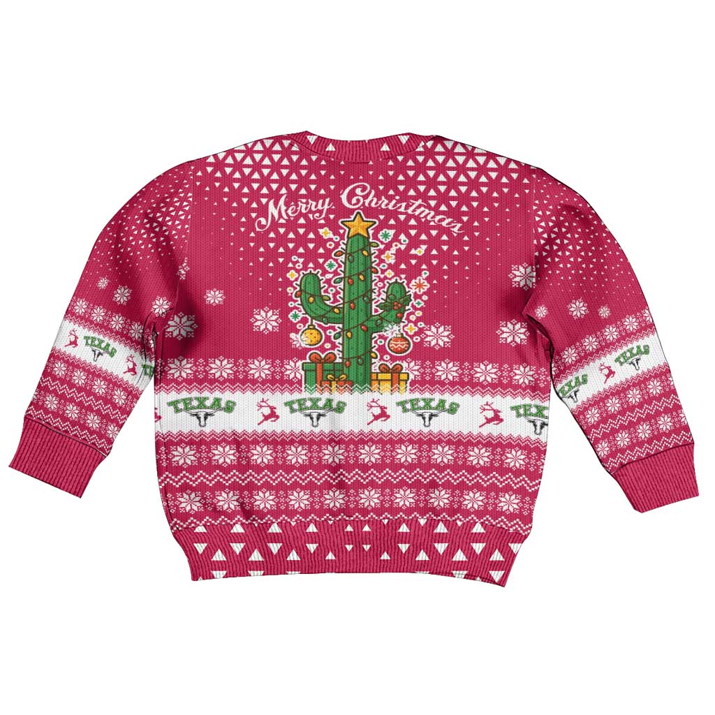Texas Christmas Kid Ugly Christmas Sweater with Red and White Snowflake Pattern Longhorn Skull and Christmas Cactus Motif - Wonder Print Shop