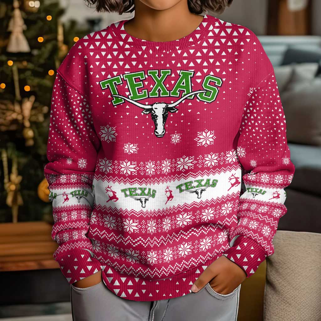 Texas Christmas Kid Ugly Christmas Sweater with Red and White Snowflake Pattern Longhorn Skull and Christmas Cactus Motif - Wonder Print Shop