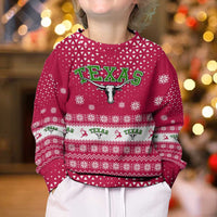 Texas Christmas Kid Ugly Christmas Sweater with Red and White Snowflake Pattern Longhorn Skull and Christmas Cactus Motif - Wonder Print Shop