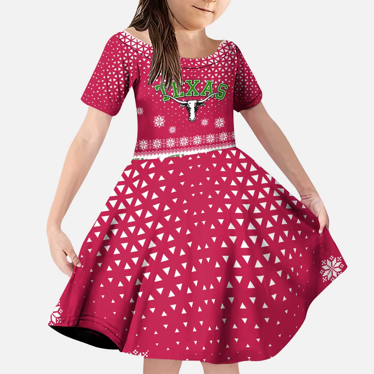 Texas Christmas Kid Short Sleeve Dress with Red and White Snowflake Pattern Longhorn Skull and Christmas Cactus Motif - Wonder Print Shop
