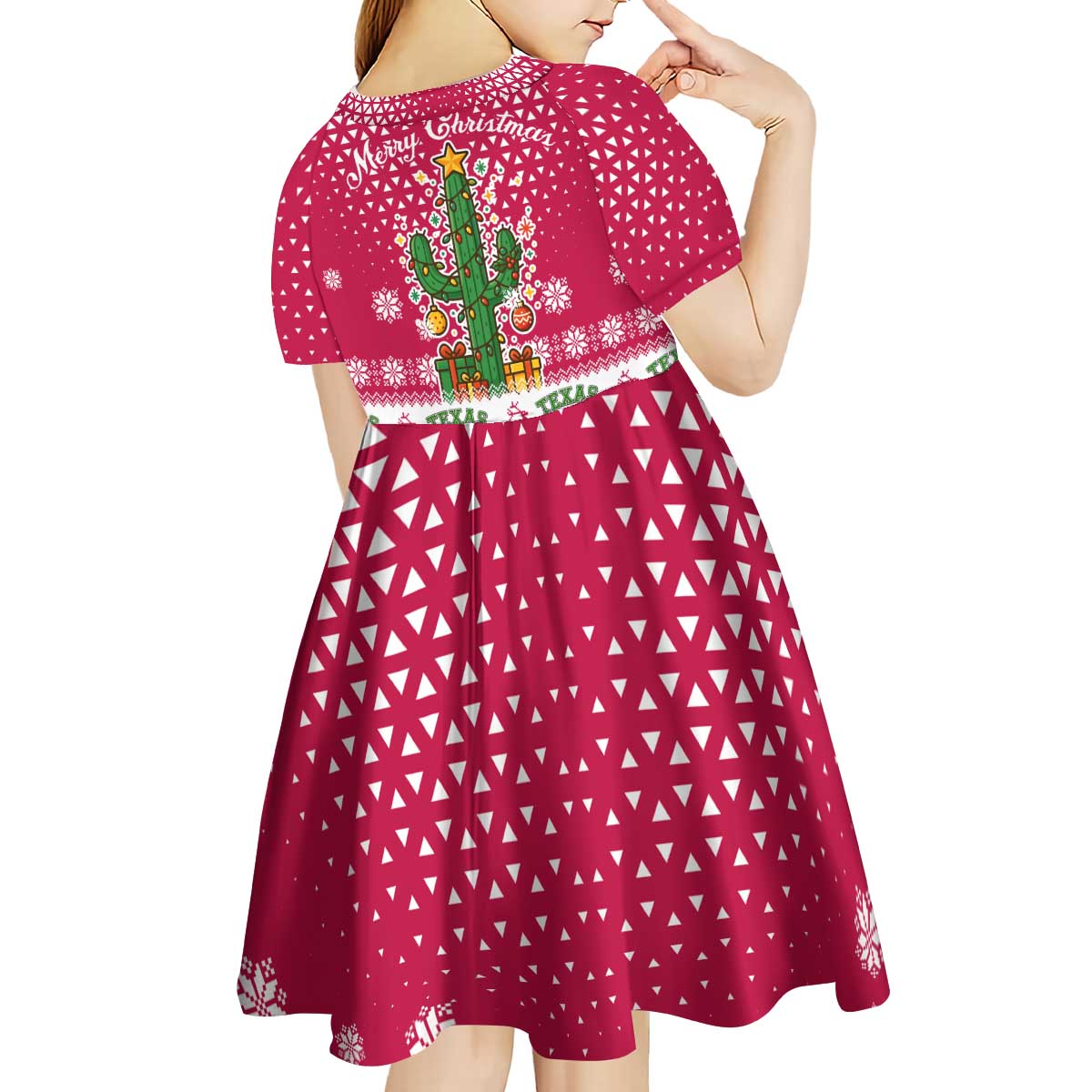 Texas Christmas Kid Short Sleeve Dress with Red and White Snowflake Pattern Longhorn Skull and Christmas Cactus Motif - Wonder Print Shop