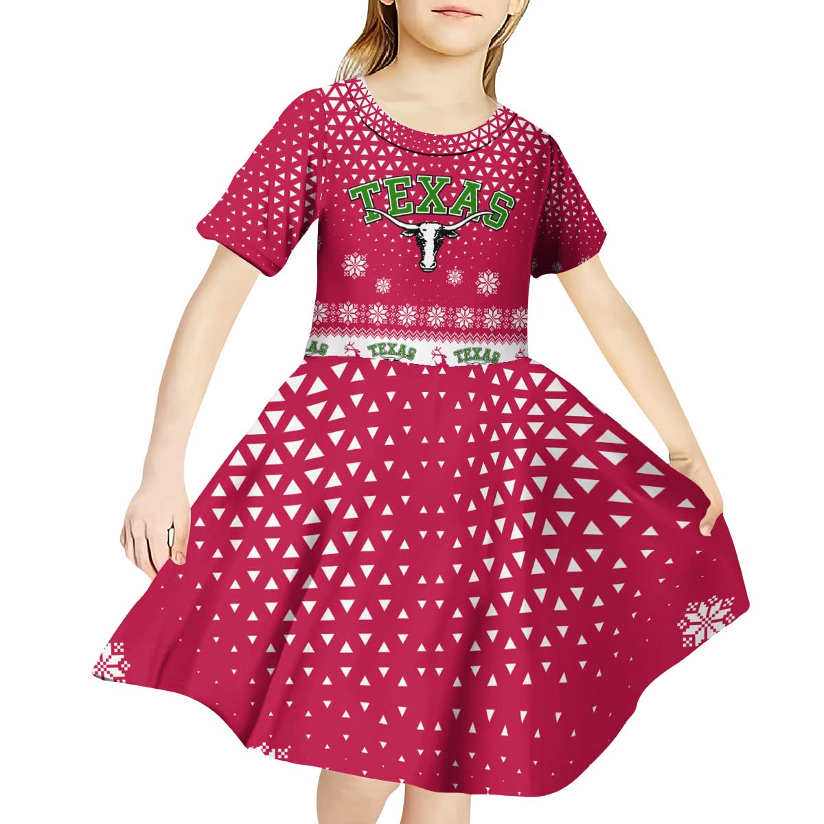 Texas Christmas Kid Short Sleeve Dress with Red and White Snowflake Pattern Longhorn Skull and Christmas Cactus Motif - Wonder Print Shop