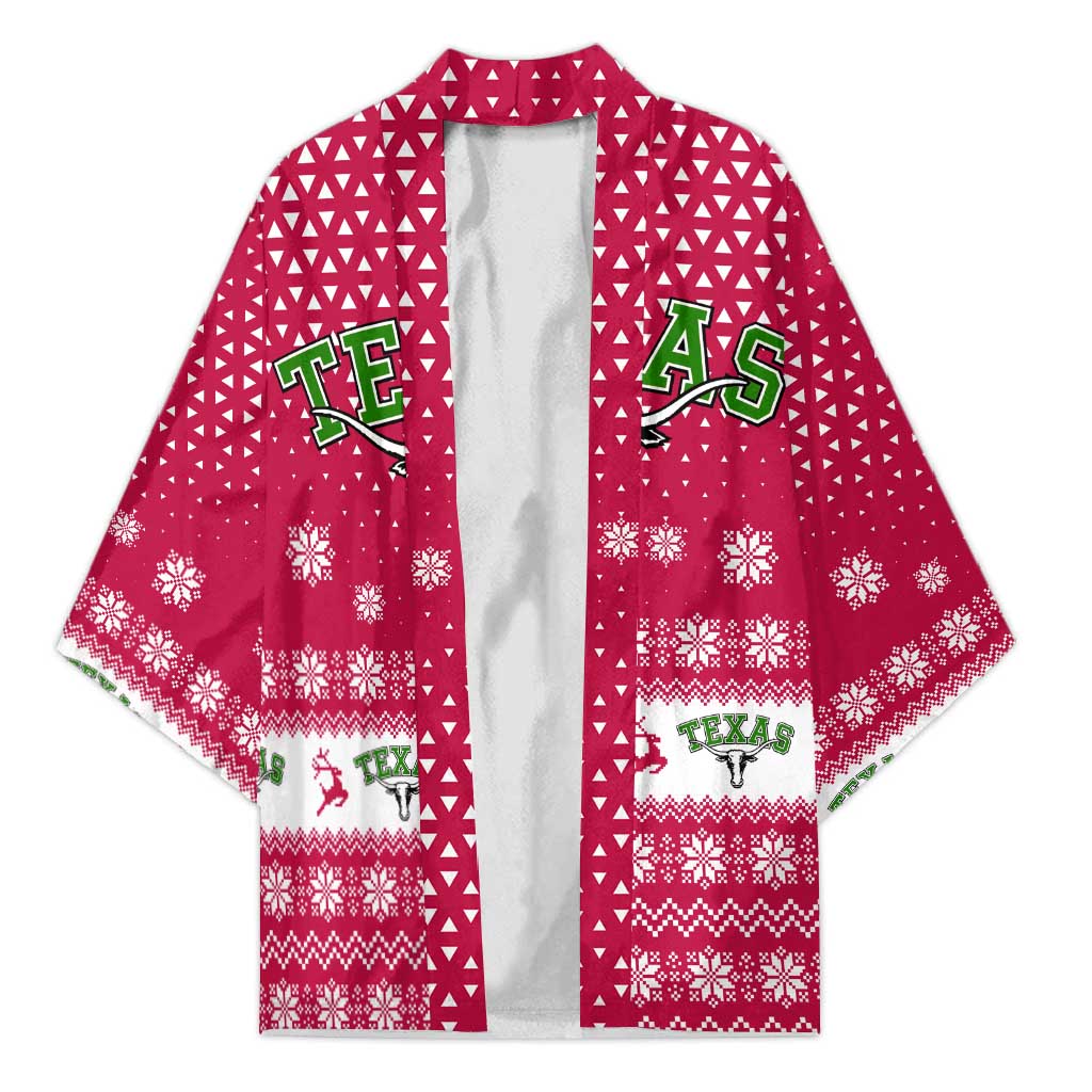 Texas Christmas Kimono with Red and White Snowflake Pattern Longhorn Skull and Christmas Cactus Motif - Wonder Print Shop