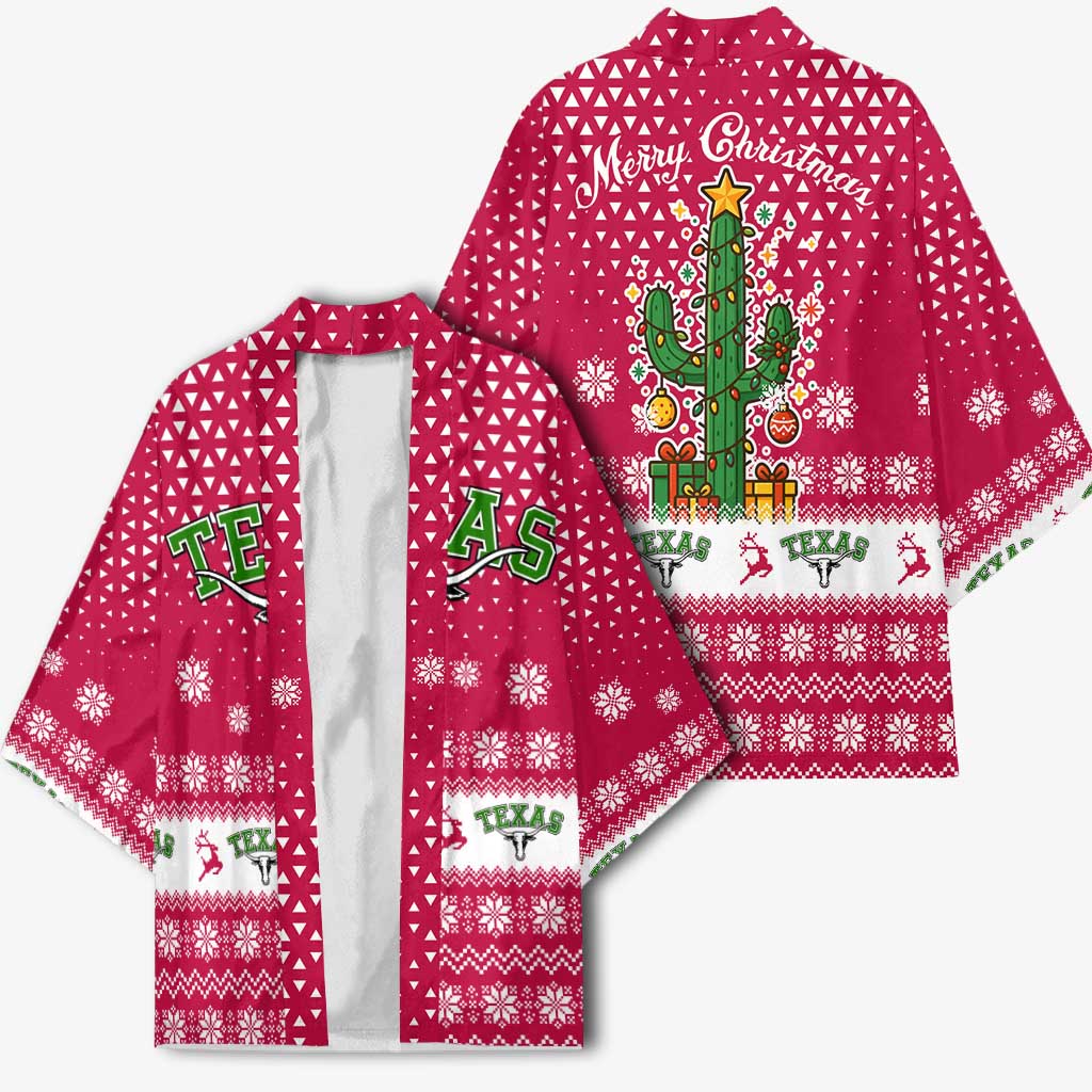 Texas Christmas Kimono with Red and White Snowflake Pattern Longhorn Skull and Christmas Cactus Motif - Wonder Print Shop