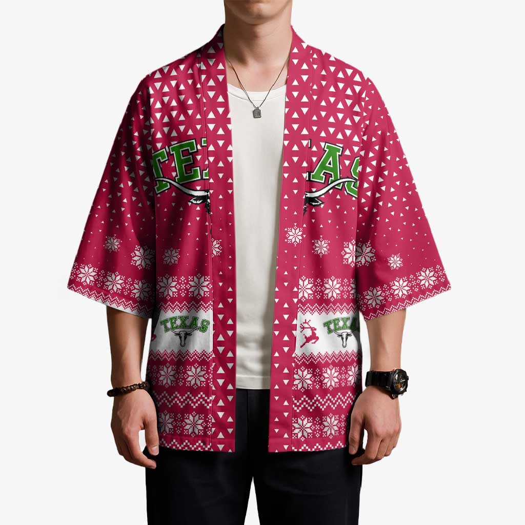 Texas Christmas Kimono with Red and White Snowflake Pattern Longhorn Skull and Christmas Cactus Motif - Wonder Print Shop