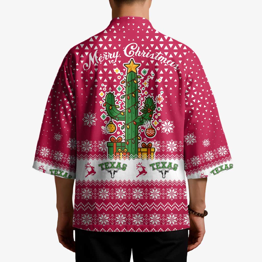 Texas Christmas Kimono with Red and White Snowflake Pattern Longhorn Skull and Christmas Cactus Motif - Wonder Print Shop