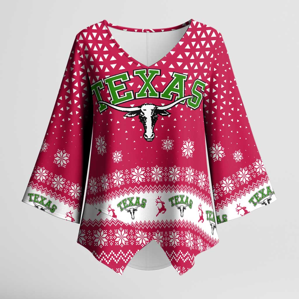 Texas Christmas Kimono Sleeve Blouse with Red and White Snowflake Pattern Longhorn Skull and Christmas Cactus Motif - Wonder Print Shop