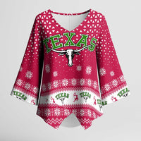 Texas Christmas Kimono Sleeve Blouse with Red and White Snowflake Pattern Longhorn Skull and Christmas Cactus Motif - Wonder Print Shop