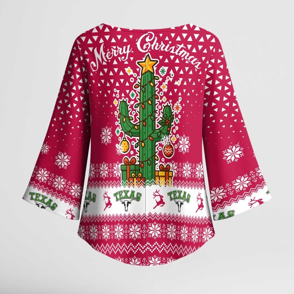 Texas Christmas Kimono Sleeve Blouse with Red and White Snowflake Pattern Longhorn Skull and Christmas Cactus Motif - Wonder Print Shop