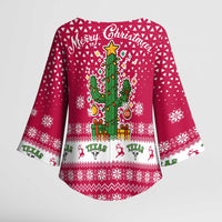 Texas Christmas Kimono Sleeve Blouse with Red and White Snowflake Pattern Longhorn Skull and Christmas Cactus Motif - Wonder Print Shop
