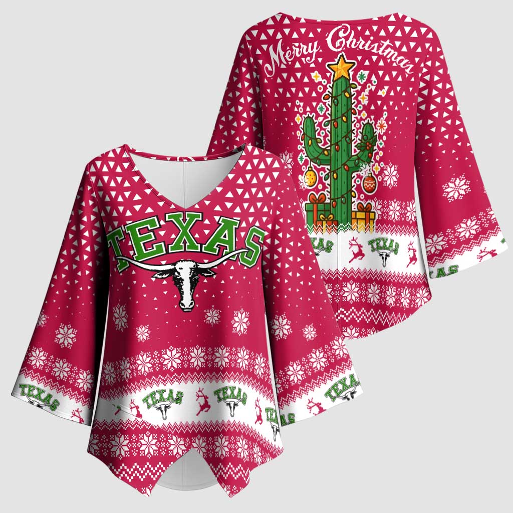 Texas Christmas Kimono Sleeve Blouse with Red and White Snowflake Pattern Longhorn Skull and Christmas Cactus Motif - Wonder Print Shop