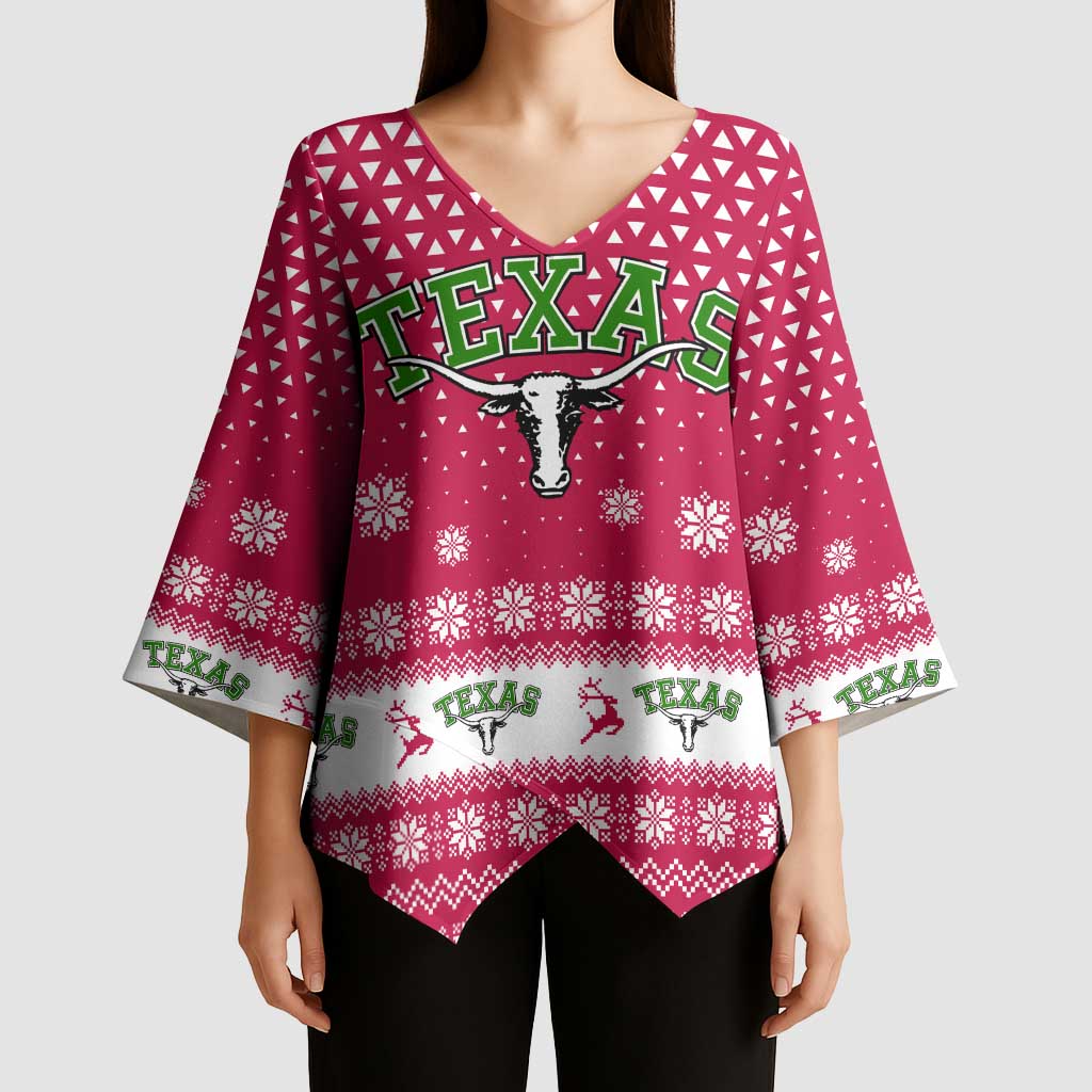 Texas Christmas Kimono Sleeve Blouse with Red and White Snowflake Pattern Longhorn Skull and Christmas Cactus Motif - Wonder Print Shop