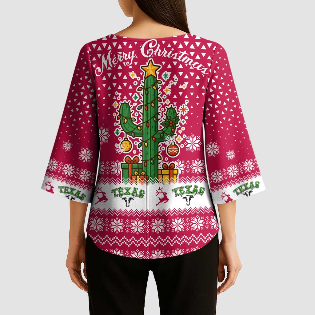 Texas Christmas Kimono Sleeve Blouse with Red and White Snowflake Pattern Longhorn Skull and Christmas Cactus Motif - Wonder Print Shop