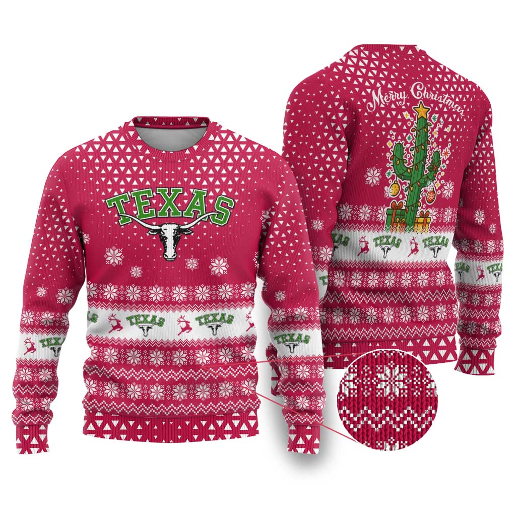 Texas Christmas Ugly Christmas Sweater with Red and White Snowflake Pattern Longhorn Skull and Christmas Cactus Motif - Wonder Print Shop