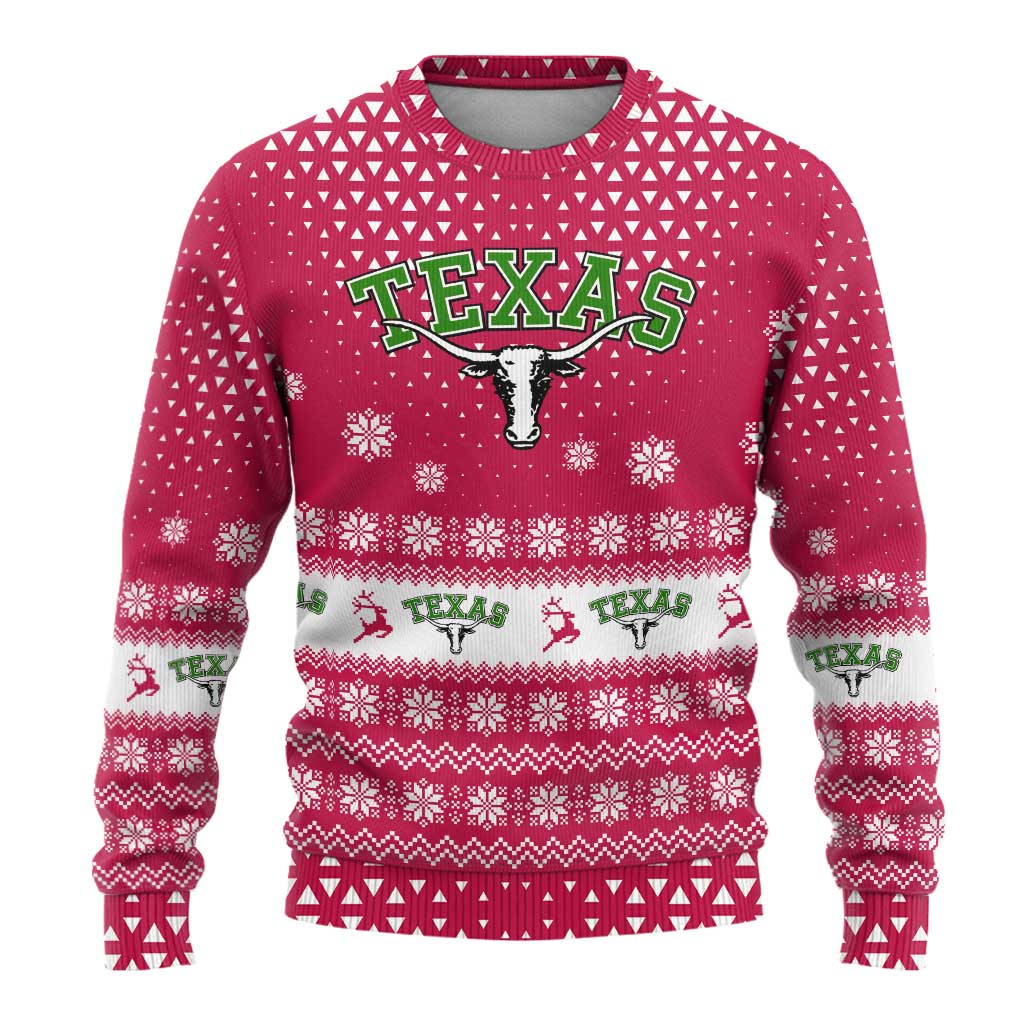 Texas Christmas Ugly Christmas Sweater with Red and White Snowflake Pattern Longhorn Skull and Christmas Cactus Motif - Wonder Print Shop