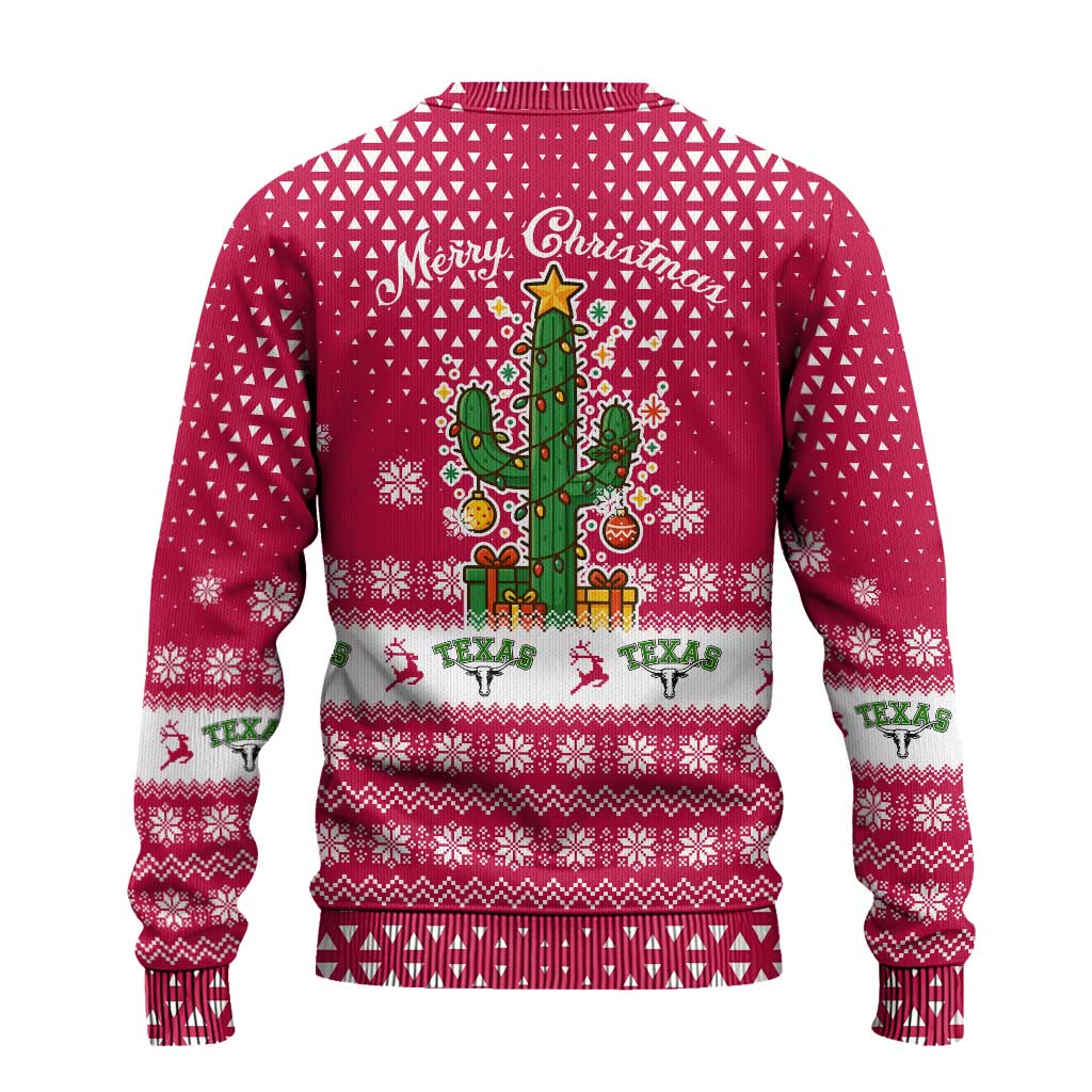 Texas Christmas Ugly Christmas Sweater with Red and White Snowflake Pattern Longhorn Skull and Christmas Cactus Motif - Wonder Print Shop