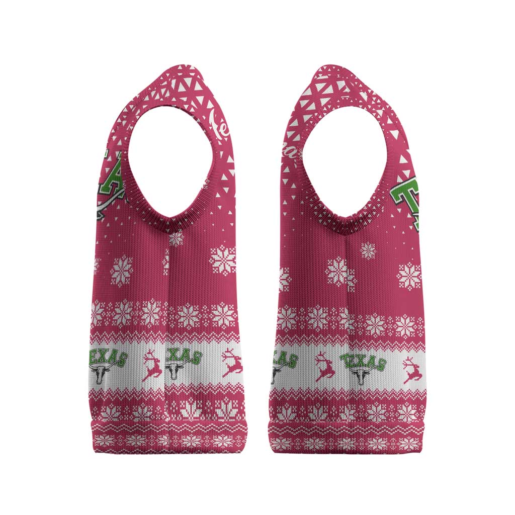 Texas Christmas Knitted V-Neck Vest with Red and White Snowflake Pattern Longhorn Skull and Christmas Cactus Motif - Wonder Print Shop