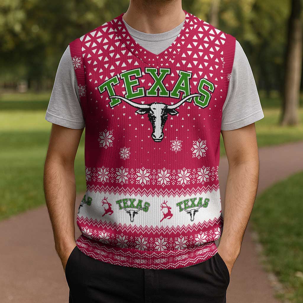 Texas Christmas Knitted V-Neck Vest with Red and White Snowflake Pattern Longhorn Skull and Christmas Cactus Motif - Wonder Print Shop
