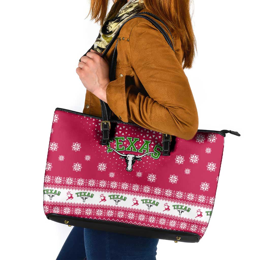 Texas Christmas Leather Tote Bag with Red and White Snowflake Pattern Longhorn Skull and Christmas Cactus Motif - Wonder Print Shop