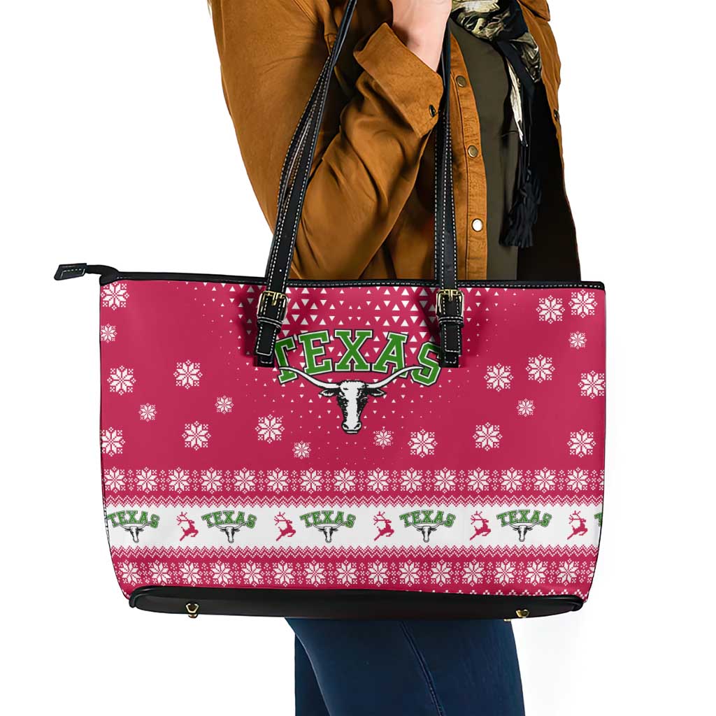 Texas Christmas Leather Tote Bag with Red and White Snowflake Pattern Longhorn Skull and Christmas Cactus Motif - Wonder Print Shop