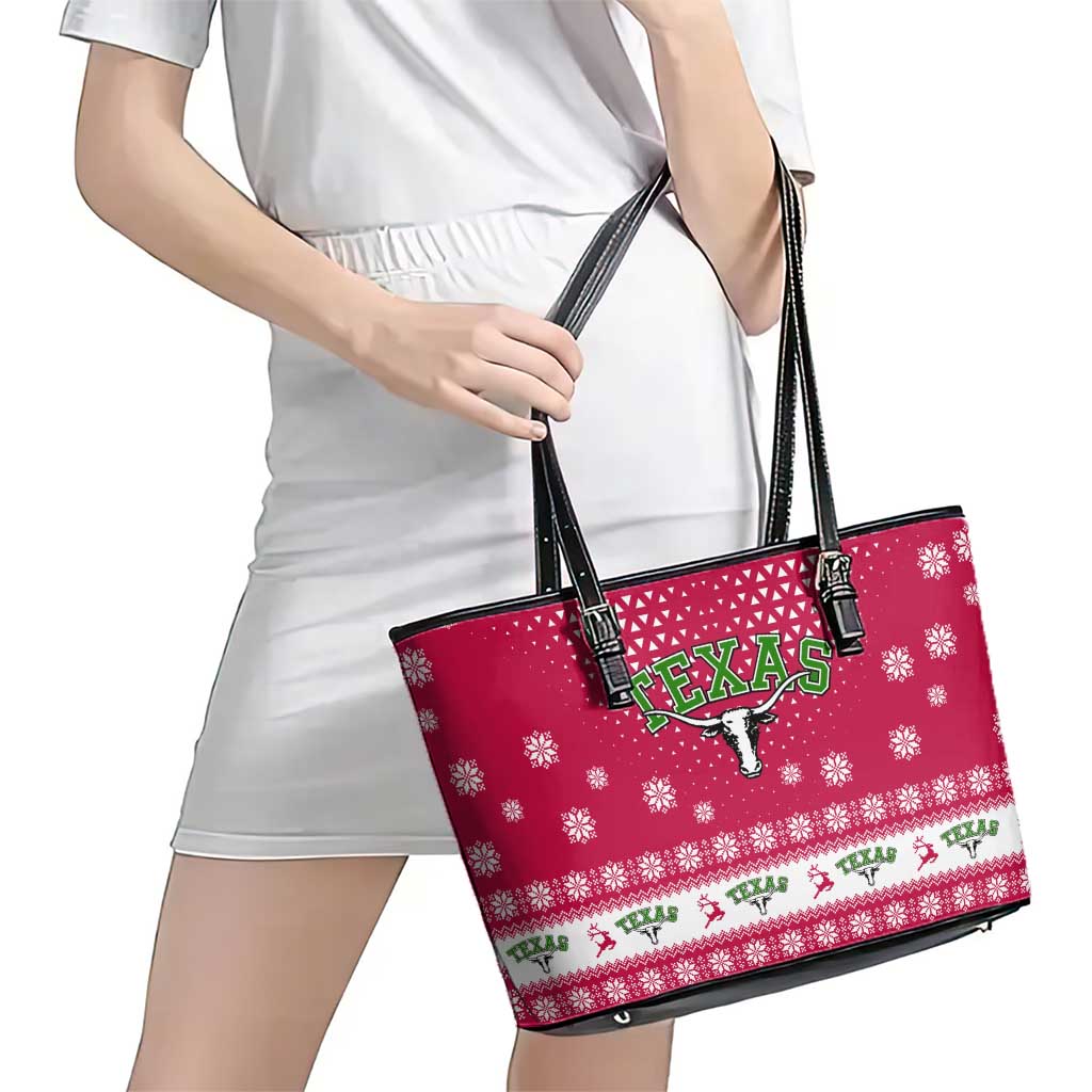 Texas Christmas Leather Tote Bag with Red and White Snowflake Pattern Longhorn Skull and Christmas Cactus Motif - Wonder Print Shop