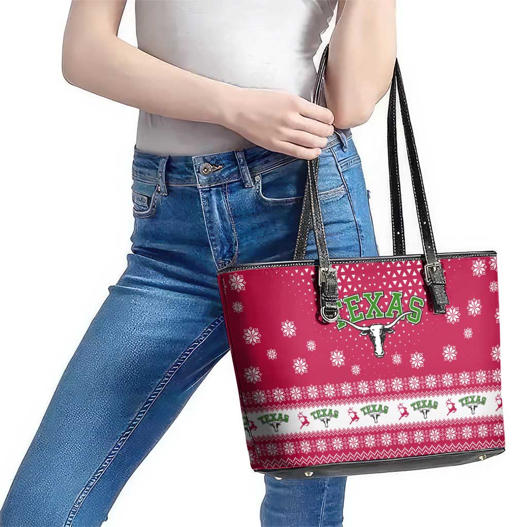 Texas Christmas Leather Tote Bag with Red and White Snowflake Pattern Longhorn Skull and Christmas Cactus Motif - Wonder Print Shop
