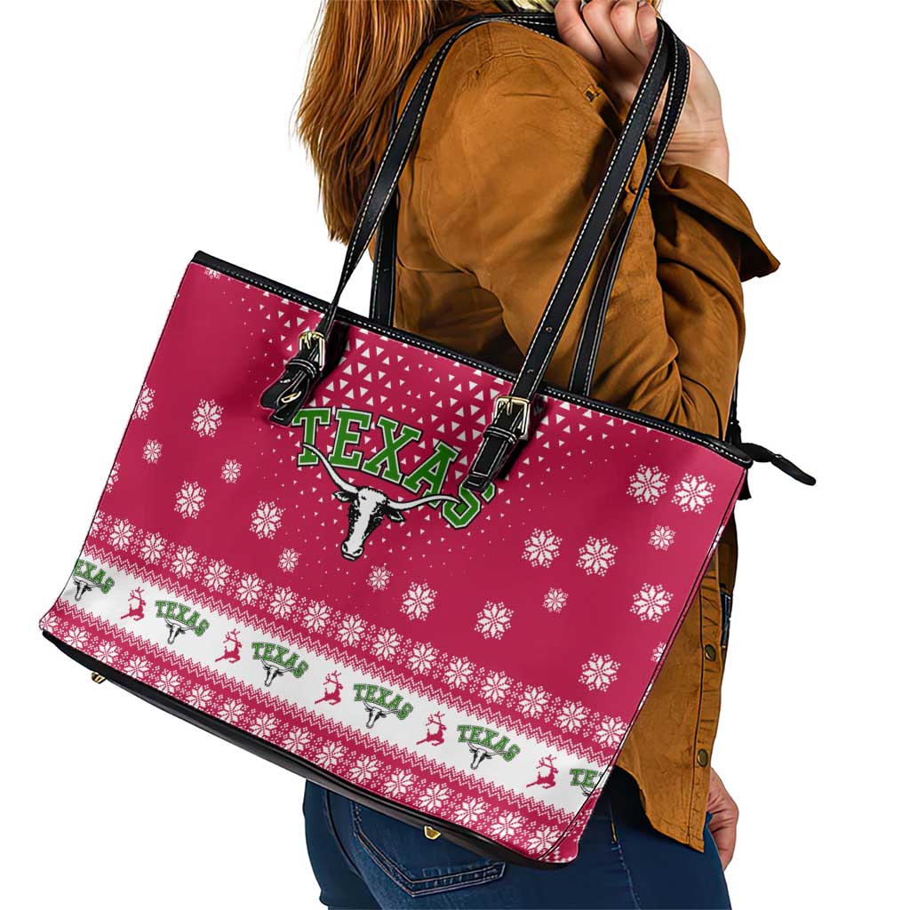 Texas Christmas Leather Tote Bag with Red and White Snowflake Pattern Longhorn Skull and Christmas Cactus Motif - Wonder Print Shop