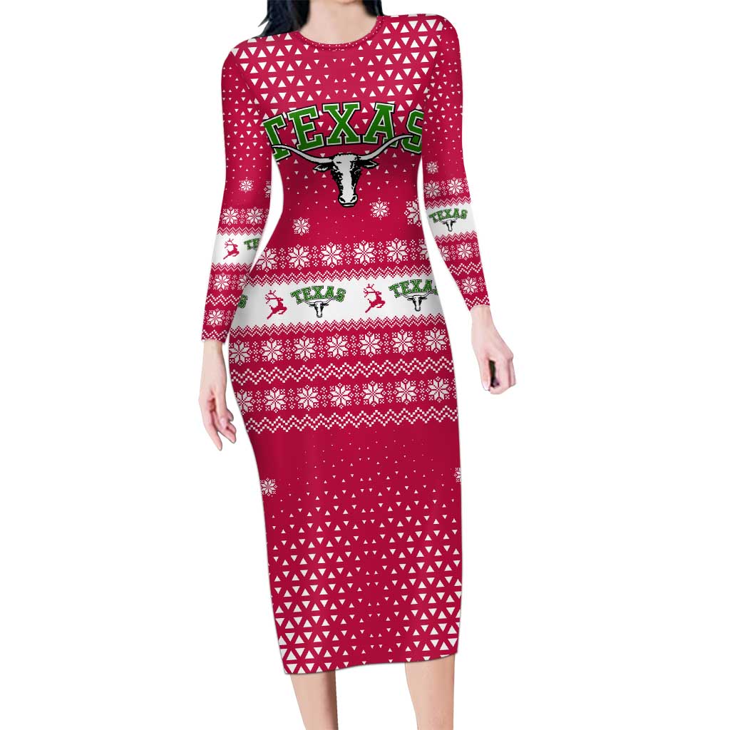 Texas Christmas Long Sleeve Bodycon Dress with Red and White Snowflake Pattern Longhorn Skull and Christmas Cactus Motif - Wonder Print Shop